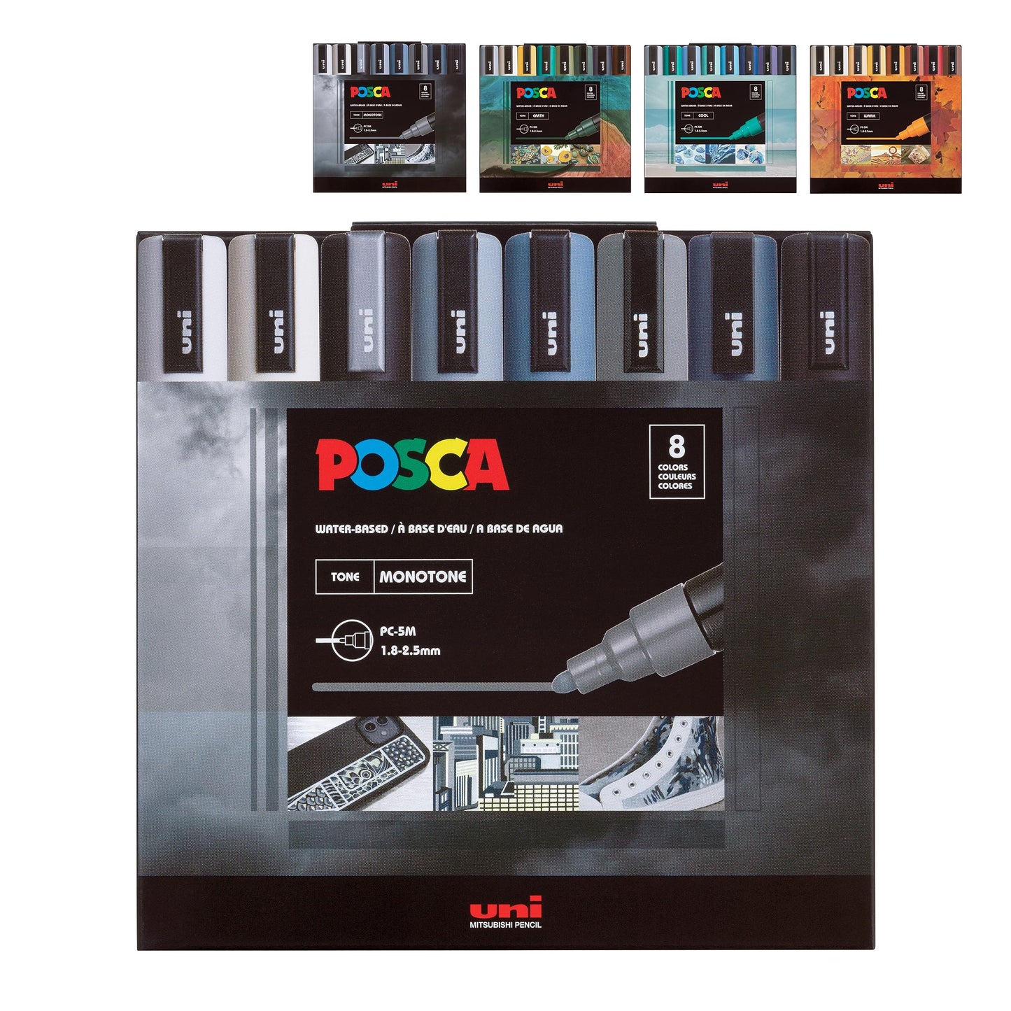 Posca Markers Color Tones Set, Acrylic Paint Pens with Reversible Tips for Coloring and Drawing on Any Surface, Non-Toxic Formula, Posca Markers Mono
