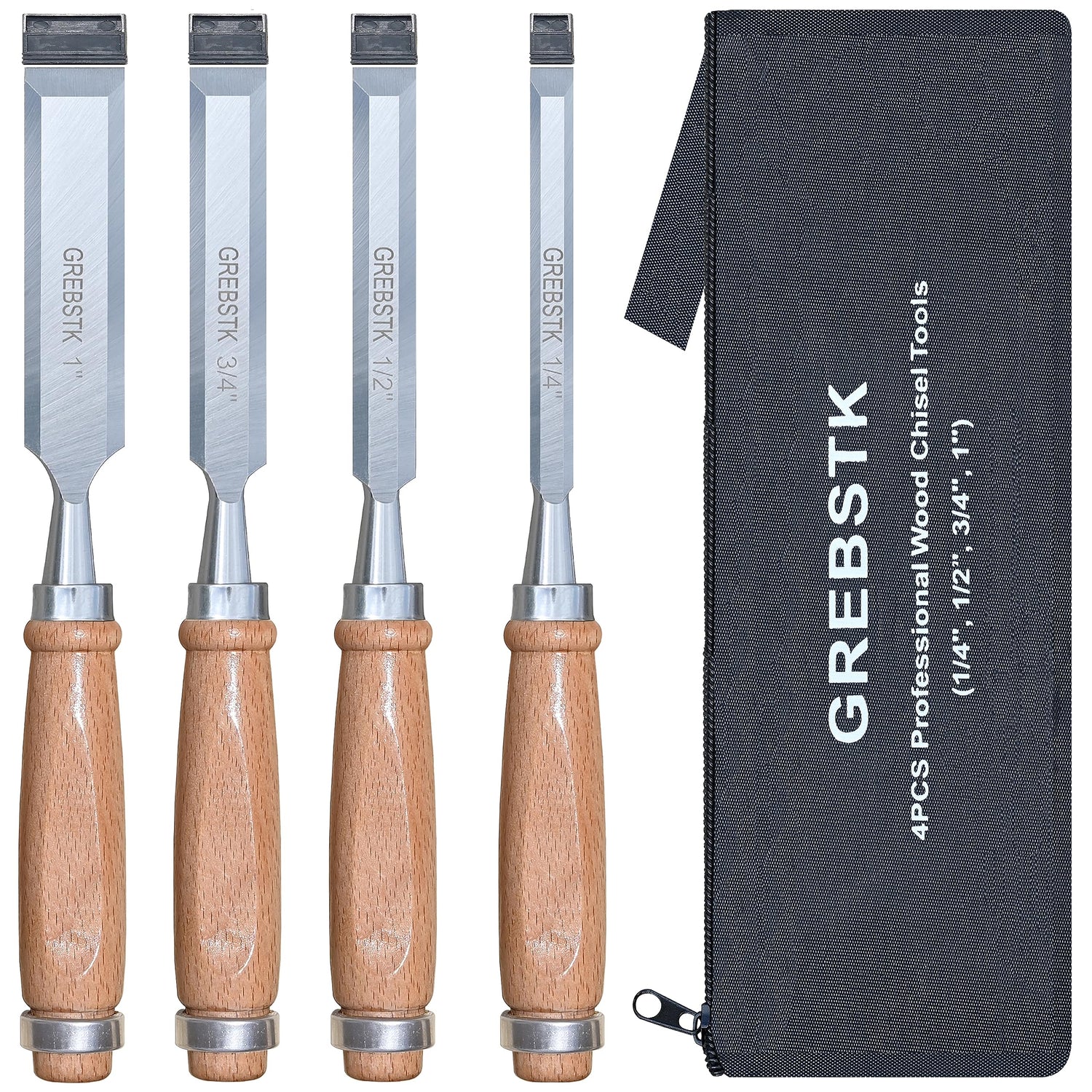 GREBSTK Professional Wood Chisel Set with Oxford Bag for Woodworking, CR-V Steel Chisel, Comfortable Beech Handle Wood Chisel, 4 Piece GREBSTK