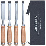 GREBSTK Professional Wood Chisel Set with Oxford Bag for Woodworking, CR-V Steel Chisel, Comfortable Beech Handle Wood Chisel, 4 Piece GREBSTK