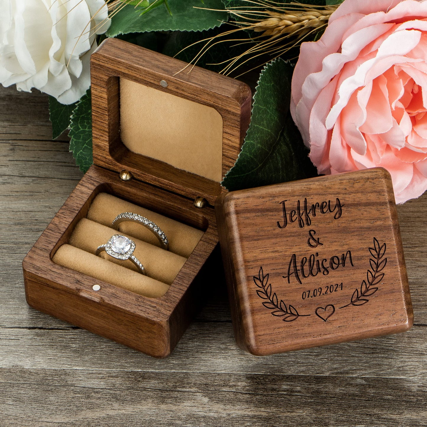 KWOOD Custom Wedding Ring Box, Wooden Ring Box, Square Double Ring Box, Engagement Ring Box, Ring Box Holder, Proposal Ring Box, Wedding Ring Box - WoodArtSupply