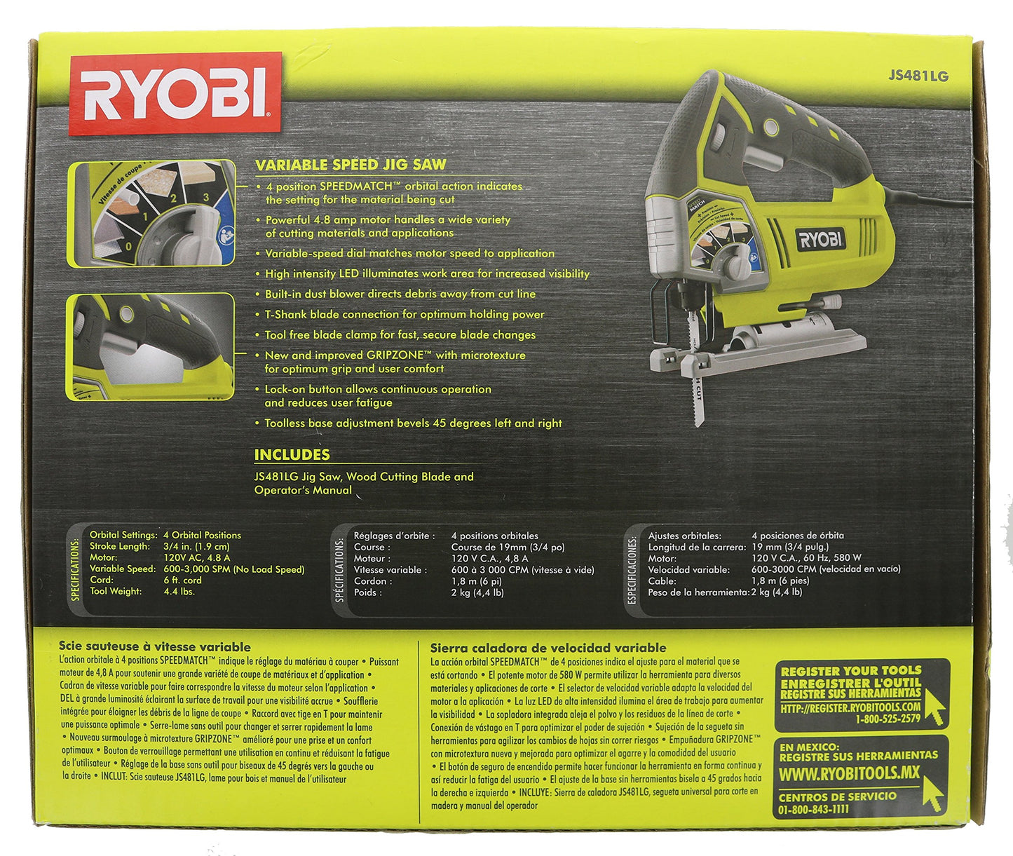 Ryobi JS481LG 4.8 Amp Corded Variable Speed T-Shank Orbital Jig Saw w/ Onboard LED Lighting System - WoodArtSupply