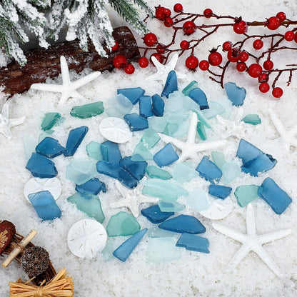 5.3 Oz Sea Glass Decor Cobalt Blue Pieces and 12 Pieces Resin Assorted Starfish Decortumbled Bulk Seaglass Pieces Sand Dollar Ornament for Beach Wedding Party Decor Home DIY Craft - WoodArtSupply
