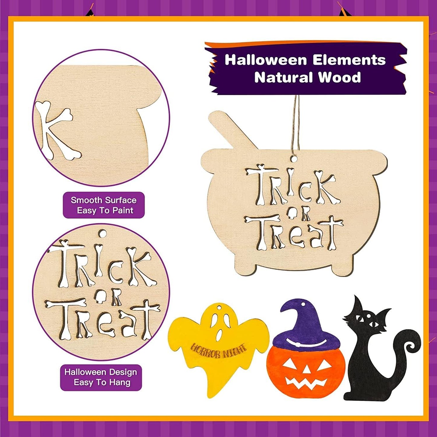 Halloween Crafts 60PCS Halloween Wooden Slices DIY Natural Wood Crafts Unfinished Predrilled Cutouts Ornaments for Kids Halloween Hanging Decorations Gifts - WoodArtSupply