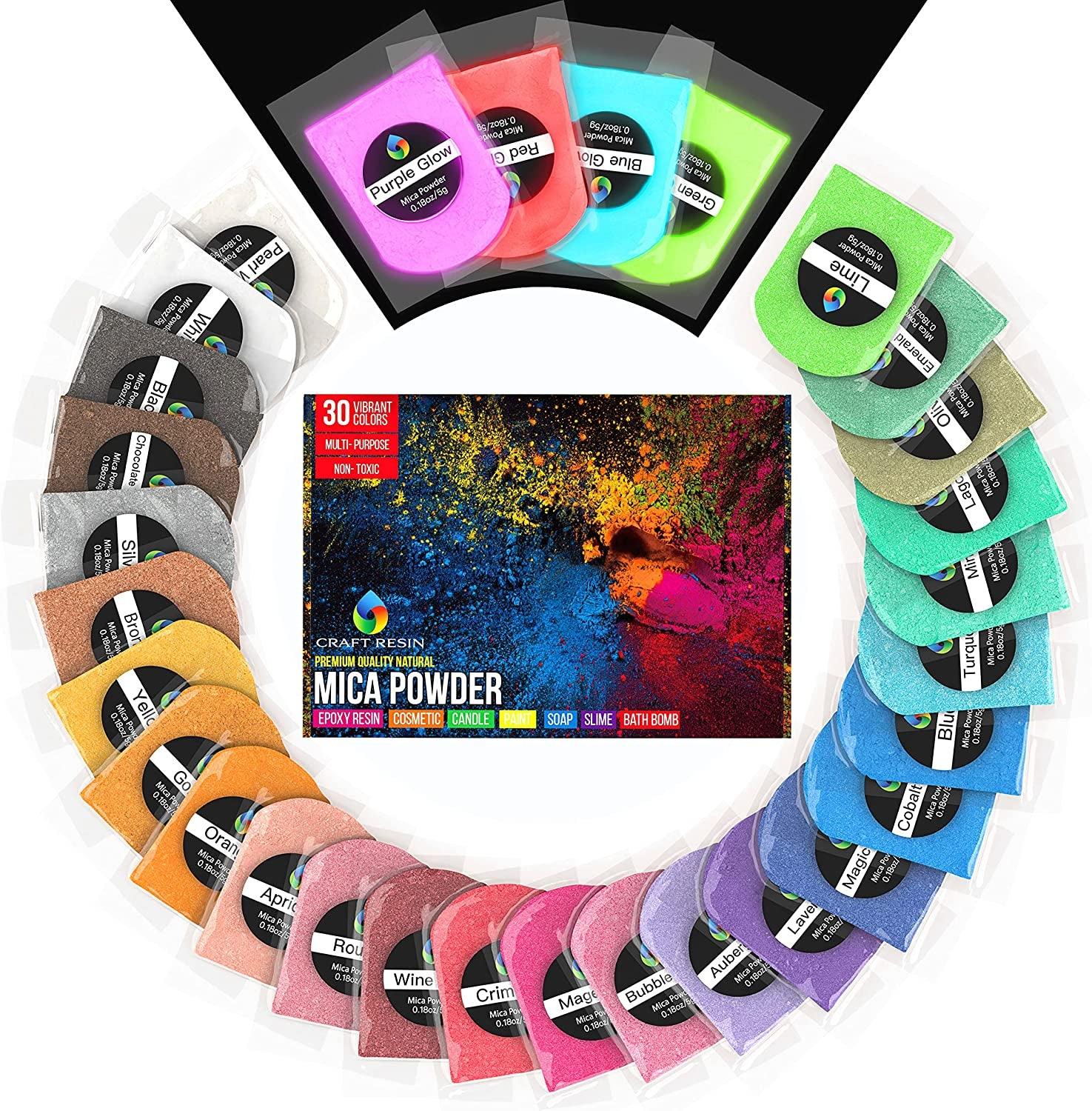 Craft Resin Mica Powder 26 Solid Colors, 4 Neon Glow for Epoxy Resin - 100% Natural, Cosmetic-Grade Resin Color Pigment Powder for Epoxy Resin DIY WoodArtSupply