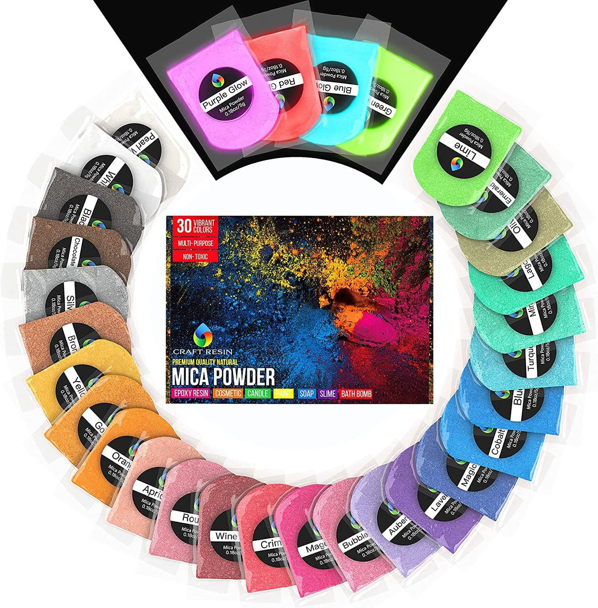 Craft Resin Mica Powder 26 Solid Colors, 4 Neon Glow for Epoxy Resin - 100% Natural, Cosmetic-Grade Resin Color Pigment Powder for Epoxy Resin DIY WoodArtSupply