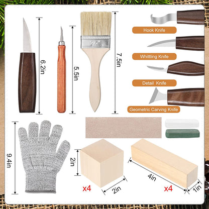 30 Pcs Wood Carving Tools Wood Whittling Kit Include Hand Carving Knife Set Wood Blocks Cut Resistant Gloves Sawdust Brush Sharpening Stone Polishing Wax Sharpening Leather Storage Bag for Beginners
