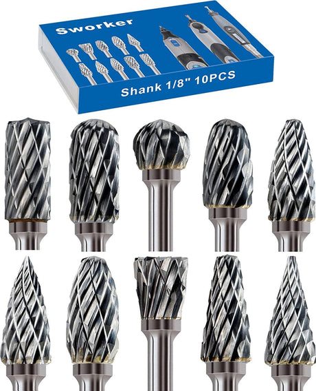 Carbide Burr Set Compatible with Dremel 1/8" Shank 10PCS Die Grinder Rotary Tool Rasp Bits WoodArtSupply