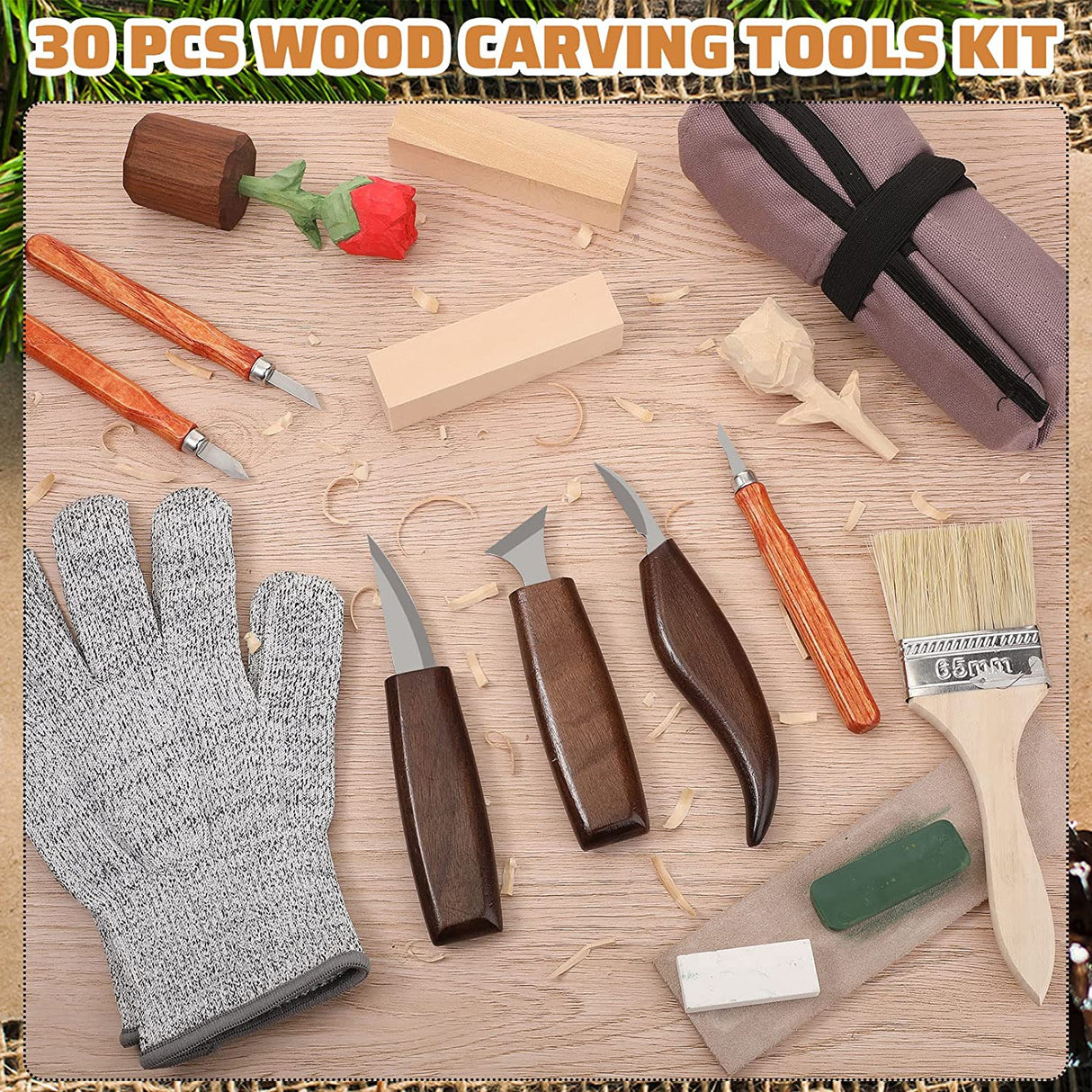 30 Pcs Wood Carving Tools Wood Whittling Kit Include Hand Carving Knife Set Wood Blocks Cut Resistant Gloves Sawdust Brush Sharpening Stone Polishing WoodArtSupply