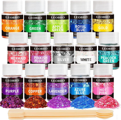 Holographic Chunky Glitter, 15 Colors Craft Glitter for Resin, with 5PCS Mixing Spoon, Cosmetic Glitter for Nail Body Eye Face, Resin Glitter Flakes WoodArtSupply