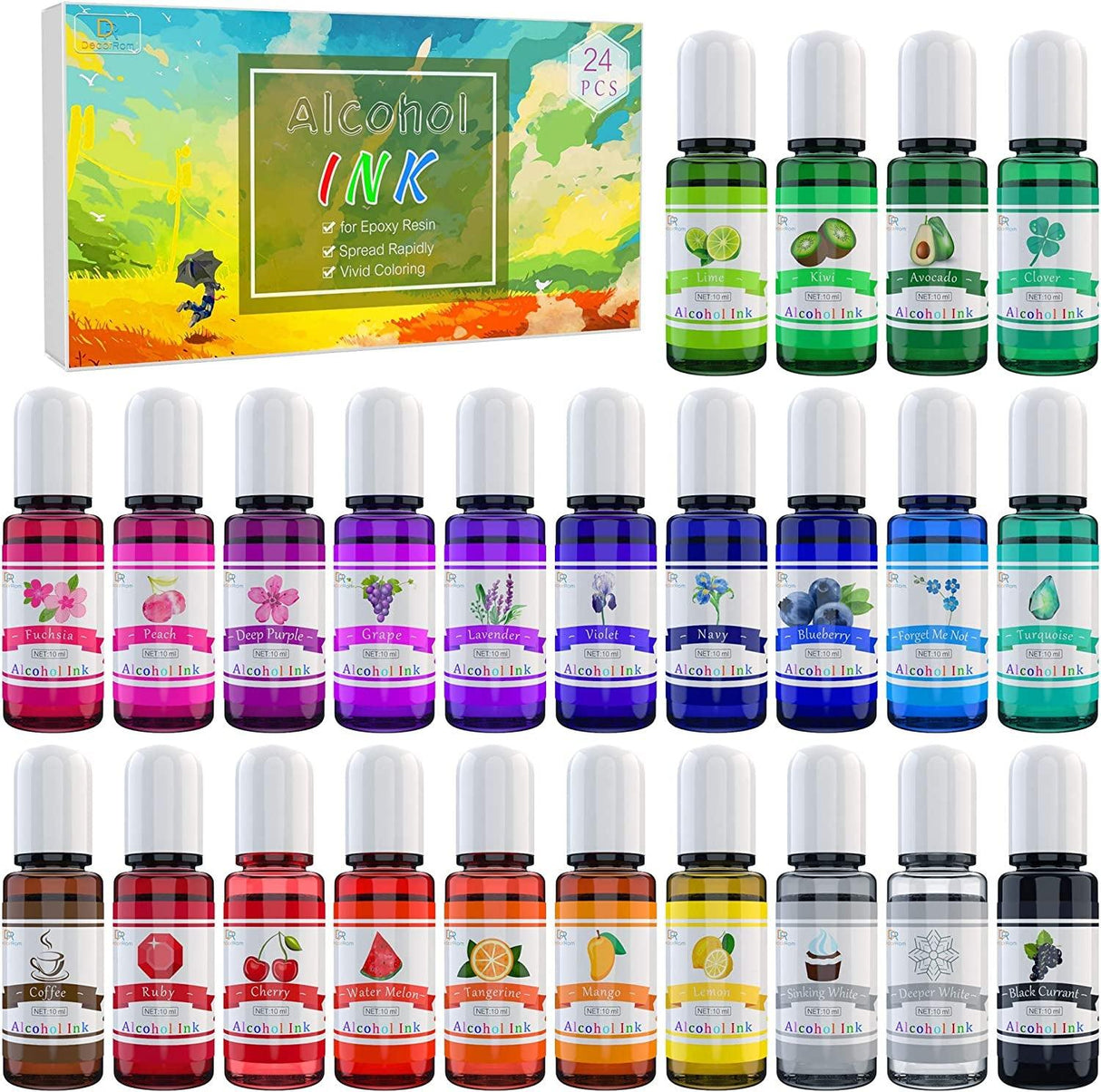 Alcohol Ink Set - 24 Vibrant Colors Alcohol-Based Ink for Resin Petri Dish Making, Epoxy Resin Painting - Concentrated Alcohol Paint Color Dye for WoodArtSupply