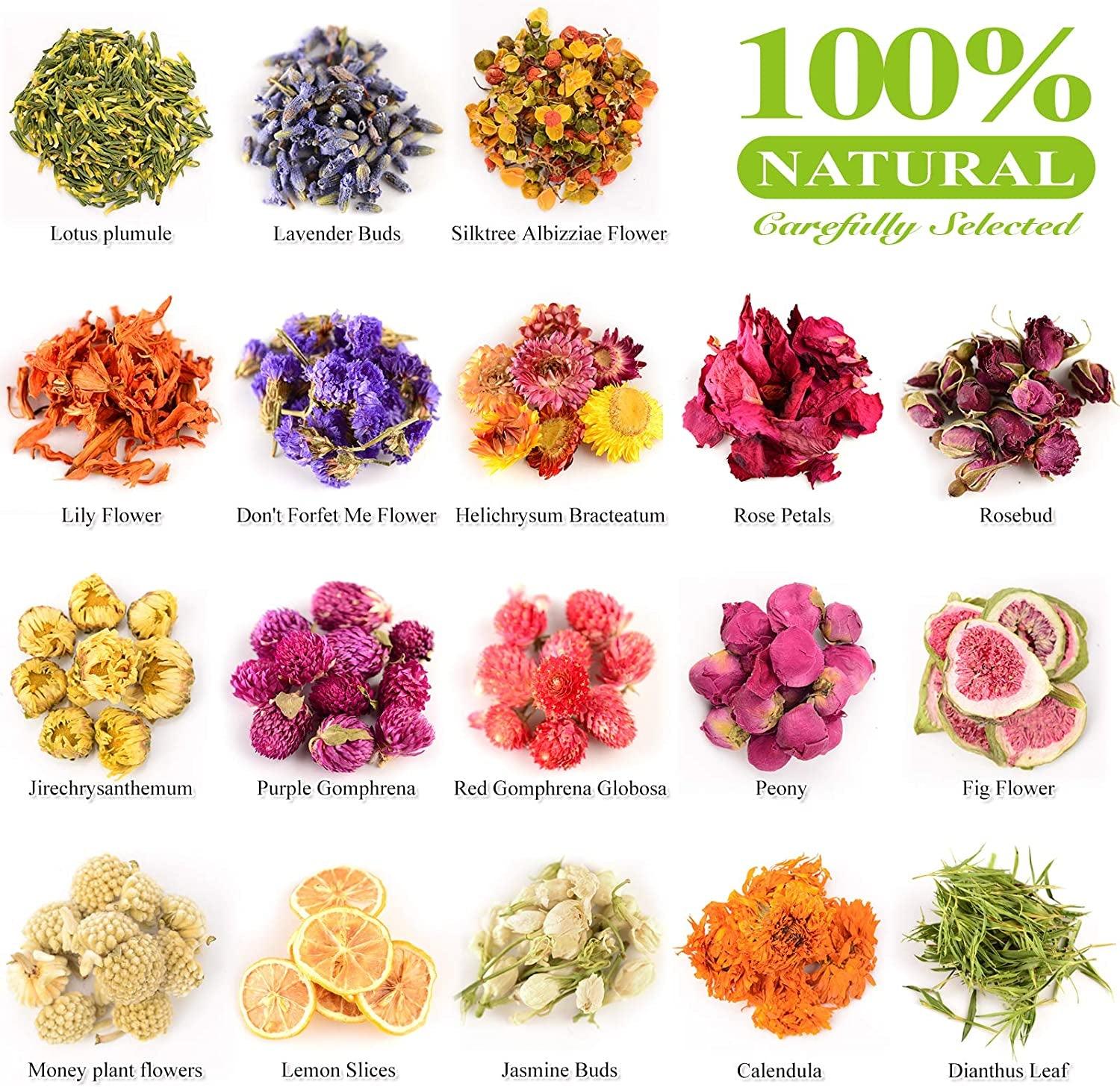 Dried Flowers, 21 Bags 100% Natural Dried Flowers Herbs Kit for Soap Making, DIY Candle, Bath, Resin Jewelry Making - Include Lavender, Don'T Forget Me, Lily, Rose Petals, Jasmine and More - WoodArtSupply