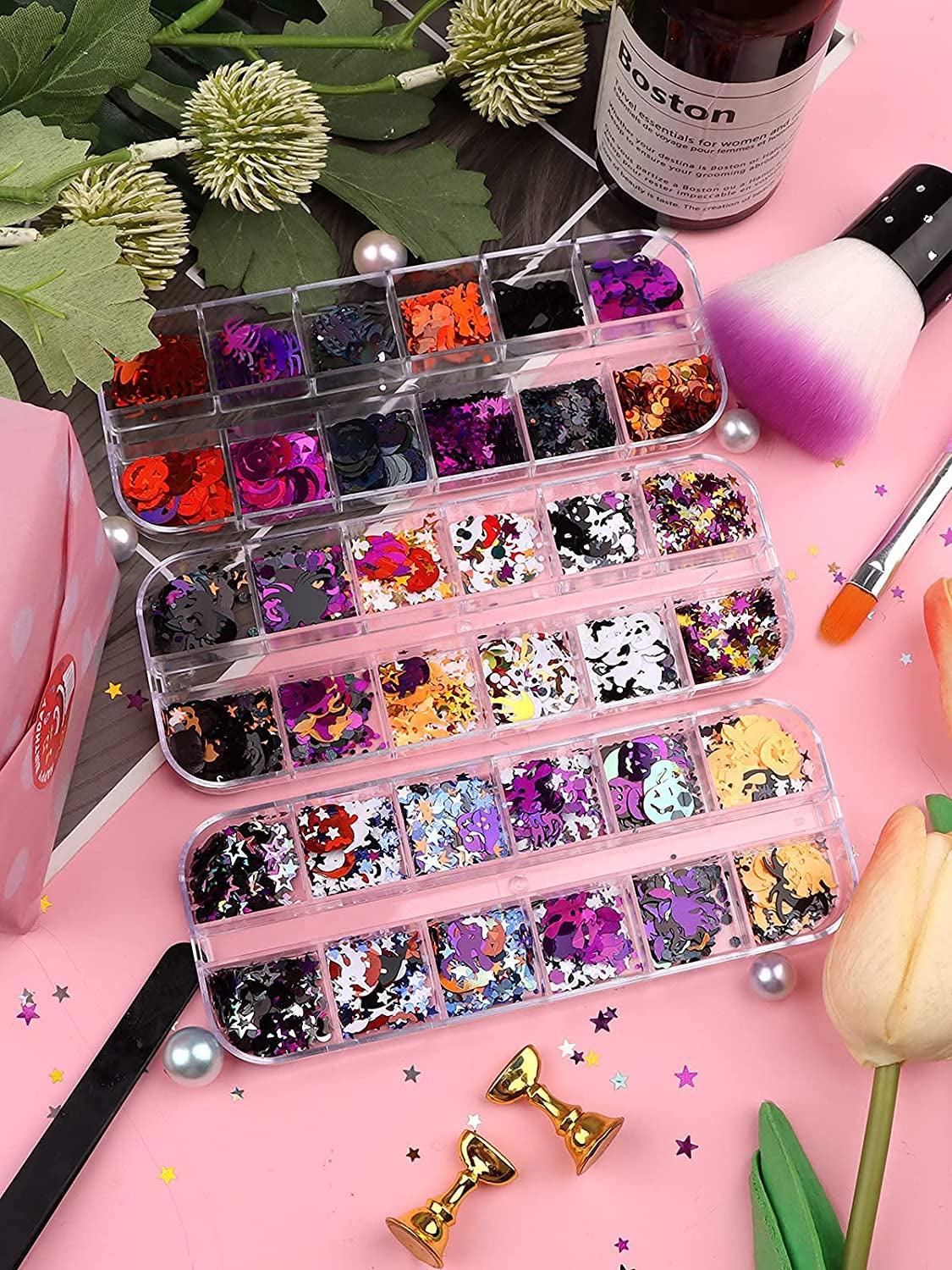 3 Boxes Halloween Nail Art Glitter Sequins, 3D Holographic Skull Spider Pumpkin Bat Ghost Witch Halloween Confetti Glitter for DIY Nail Art Halloween WoodArtSupply