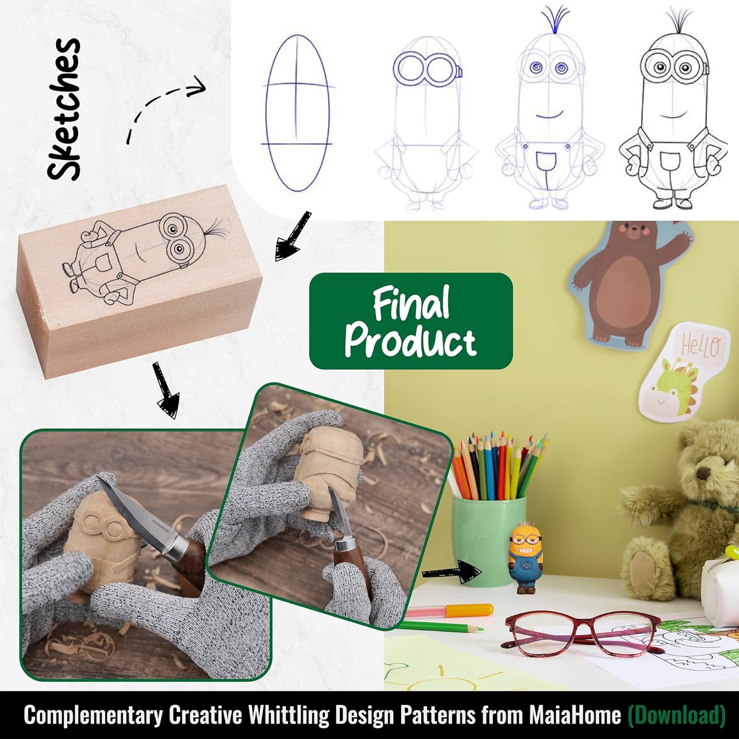 Whittling Kit for Beginners Includes 8-Basswood Wood Carving Blocks Set, 3Pcs Whittling Knife - Wood Carving Kit with Tools and Carving Knifes for WoodArtSupply