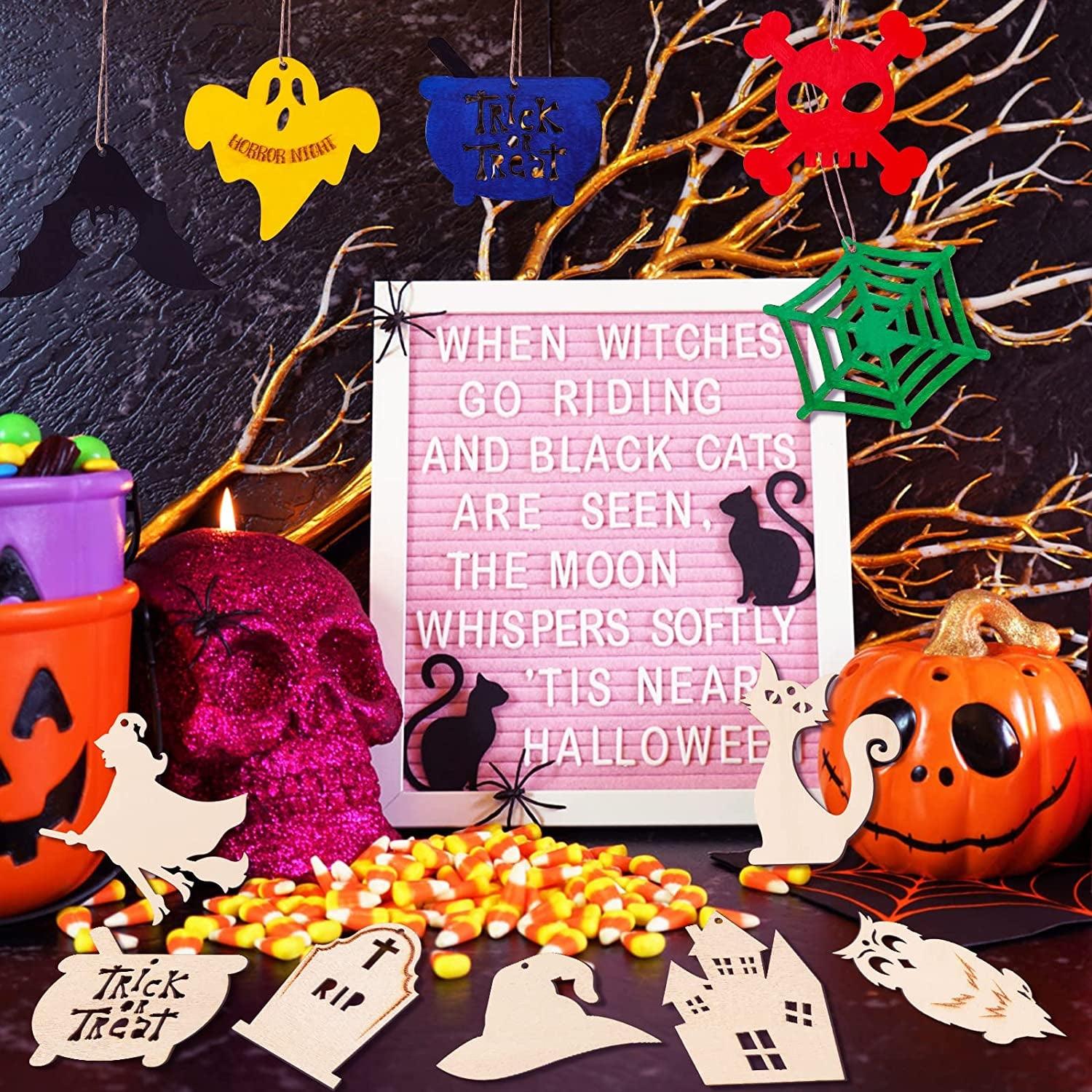 Halloween Crafts 60PCS Halloween Wooden Slices DIY Natural Wood Crafts Unfinished Predrilled Cutouts Ornaments for Kids Halloween Hanging Decorations WoodArtSupply