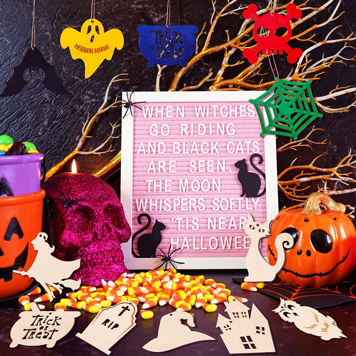 Halloween Crafts 60PCS Halloween Wooden Slices DIY Natural Wood Crafts Unfinished Predrilled Cutouts Ornaments for Kids Halloween Hanging Decorations WoodArtSupply