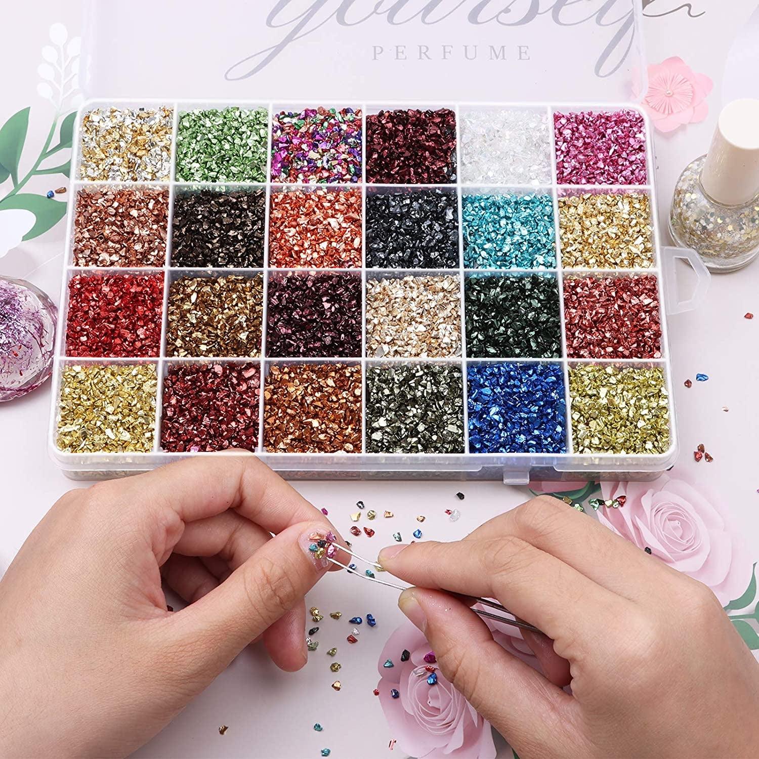 Crushed Glass Glitter, 24 Colors Irregular Crystal Chips Chunky Flakes Sequins Crushed Glass for Resin Geode Art Nail Arts Craft DIY Vase Filler WoodArtSupply