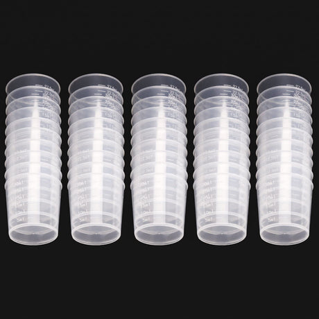 50 Pack 30Ml Plastic Reusable Graduated Cups Transparent Scale Cups with 50 Pack Wooden Stirring Sticks for Mixing Paint, Stain, Epoxy, Resin WoodArtSupply