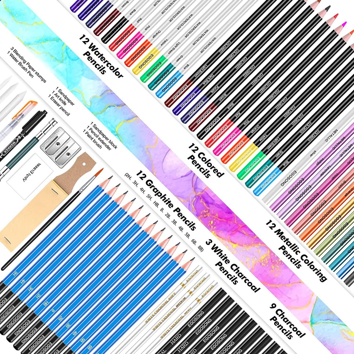 73 Drawing Set Sketching Kit,Pro Art Sketch Supplies with Sketchbook,Tutorial,Graphite,Colored WoodArtSupply