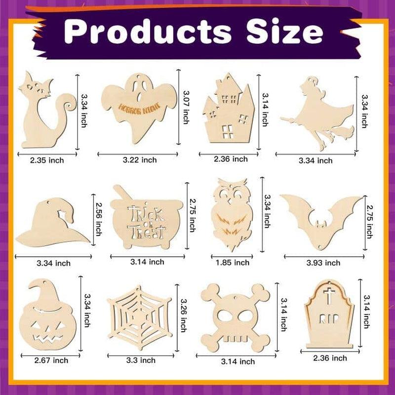 Halloween Crafts 60PCS Halloween Wooden Slices DIY Natural Wood Crafts Unfinished Predrilled Cutouts Ornaments for Kids Halloween Hanging Decorations WoodArtSupply
