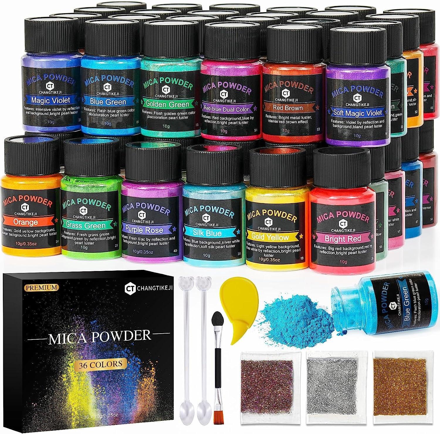 Mica Powder，36 Colors - 10G/Bottle of Natural Pigment Powder for Epoxy Resin，Soap Making，Candle Making,Lip Gloss,Car Freshies,Dye,Nail Polish,Bath WoodArtSupply