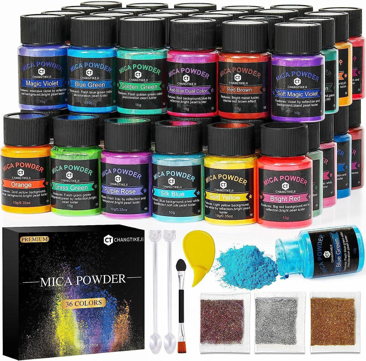 Mica Powder，36 Colors - 10G/Bottle of Natural Pigment Powder for Epoxy Resin，Soap Making，Candle Making,Lip Gloss,Car Freshies,Dye,Nail Polish,Bath WoodArtSupply