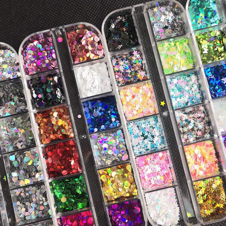 4 Boxes Holographic Nail Sequins Shapes Mixed Iridescent Nail Glitter Flakes Butterfly Hearts Star DIY Design Manicure Decorations Sets for Nail WoodArtSupply