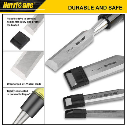Hurricane 4 Piece Wood Chisel Set for Woodworking, CR-V Steel Beveled Edge Blade, Durable PVC High Impact Handle Wood Chisel