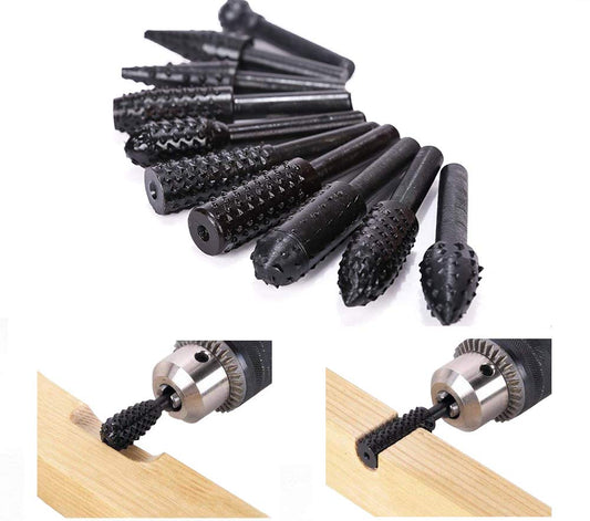 10PCS Woodworking Twist Drill Bits, Wood Carving File Rasp Drill Bits 6.3Mm(1/4") Shank Electrical Tools Woodworking Rasp Chisel Shaped Rotating Embossed Grinding Head with Storage Bag