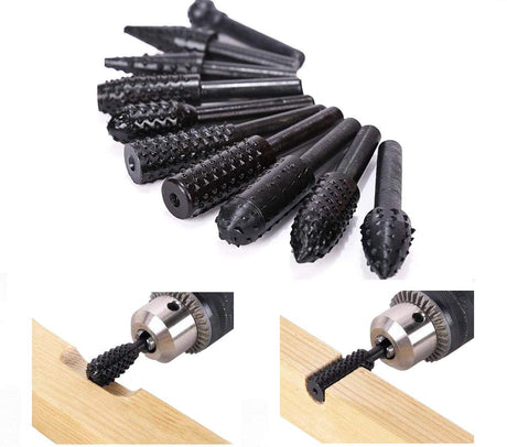 10PCS Woodworking Twist Drill Bits, Wood Carving File Rasp Drill Bits 6.3Mm(1/4") Shank Electrical Tools Woodworking Rasp Chisel Shaped Rotating WoodArtSupply