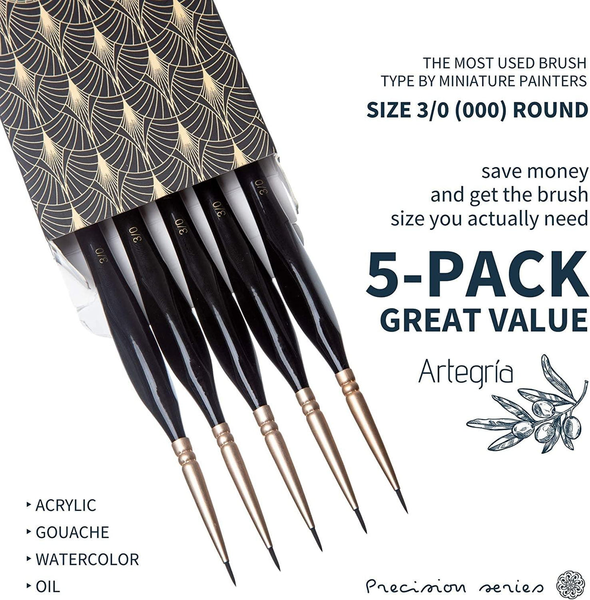 Detail Paint Brush Set - 5 Miniature Paint Brushes Size round 3/0 000 - Fine Tips Ergonomic Handles for Small Scale Models WoodArtSupply