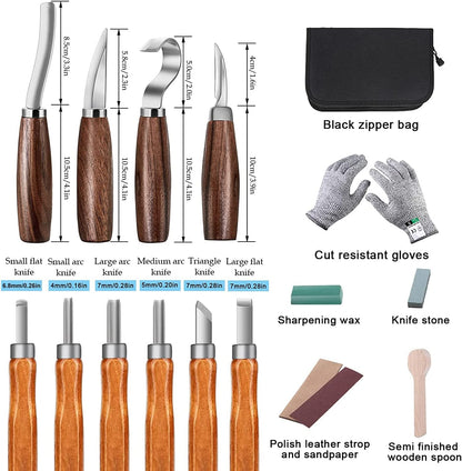 Wood Carving Tools Set,Detail and Hook Carving Knife Kit for Beginners,Trimming Knife for Spoon Bowl Cup Woodwork,Round Handle Design and 6Pcs SK2 Carbon Steel Wood Carving Knives（10Pcs）
