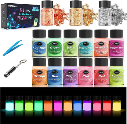 Glow in the Dark Pigment Mica Powder - 12 Colors Luminous Powder 20G/0.7Oz and 3 Colors Gold Foil Flakes 2G, Epoxy Resin Color Dyes for Resin Art, Slime, Nail Art, Acrylic Paint and DIY Crafts - WoodArtSupply