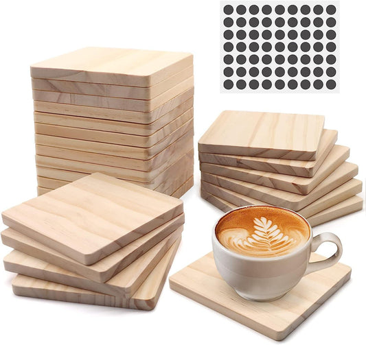 24 PCS Unfinished Square Wood Coasters,  4 Inch Blank Wooden Craft Coasters with Non-Slip Foam Pad
