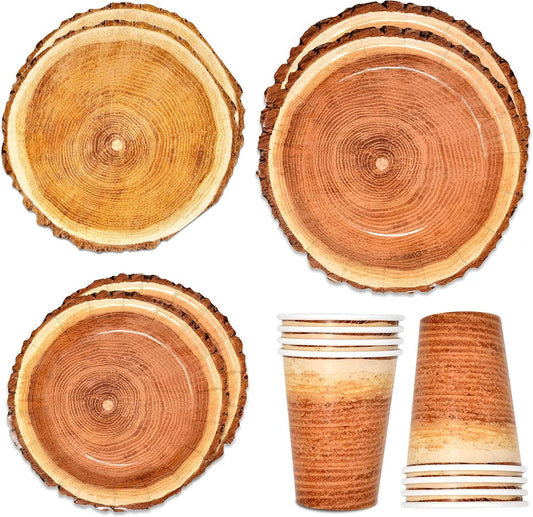 Rustic Wood Slice Paper Party Supplies Tableware Set 24 9" Plates 24 7" Plate 24 9 Oz Cups 24 Napkins - WoodArtSupply