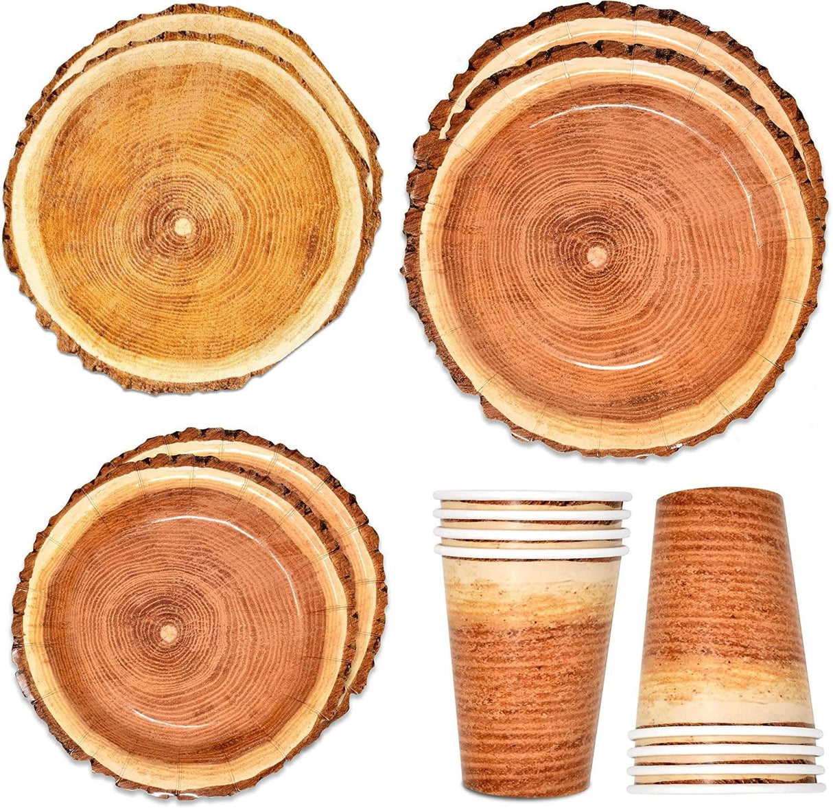 Rustic Wood Slice Paper Party Supplies Tableware Set 24 9" Plates 24 7" Plate 24 9 Oz Cups 24 Napkins WoodArtSupply