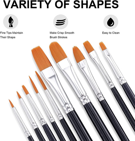 Paint Brush Set, 10 Pcs round Pointed Tip, Small Nylon Hair Brushes for Acrylic, Watercolor WoodArtSupply