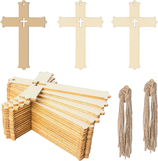Cross Shape Wooden Blank Cross Wood with Twines Art Unfinished Ornaments for Easter Religious and Church Events Christmas Wedding Birthday Party Christmas Thanksgiving Day Decoration 20Pcs