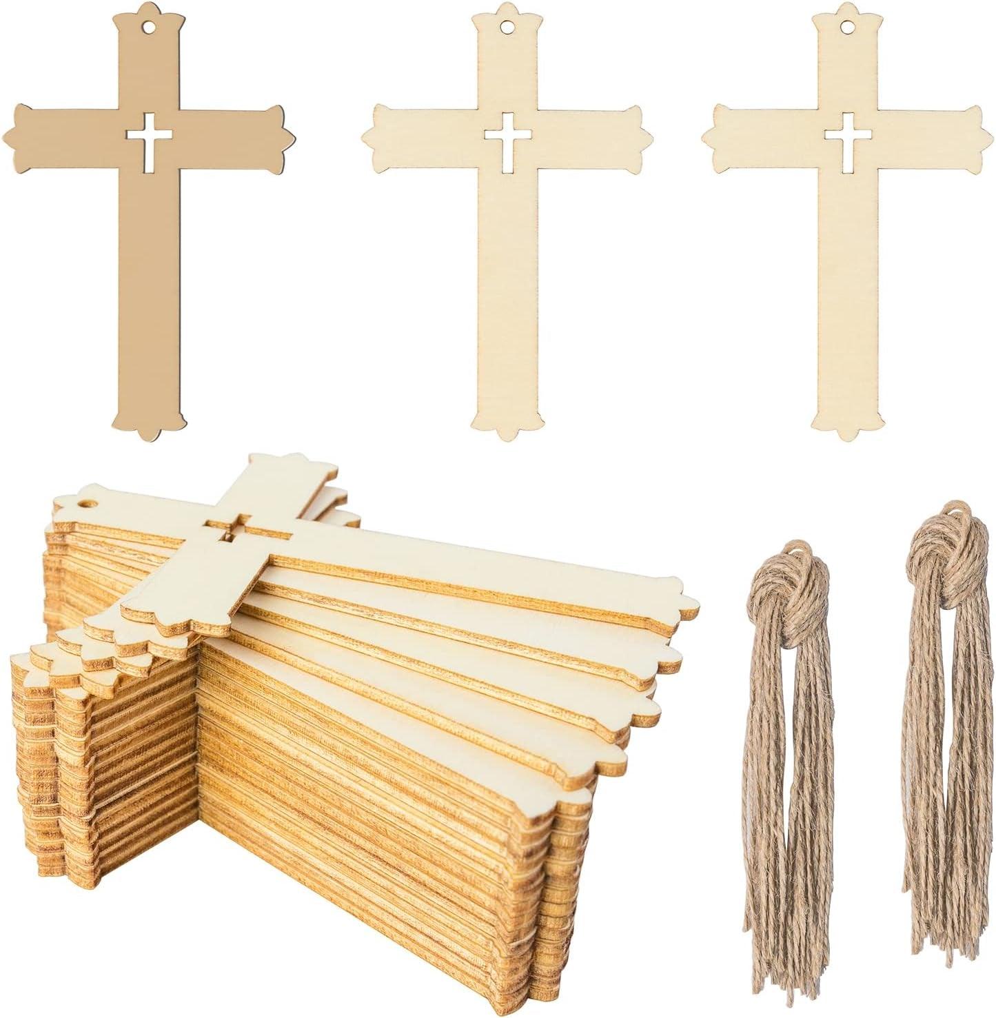 Cross Shape Wooden Blank Cross Wood with Twines Art Unfinished Ornaments for Easter Religious and Church Events Christmas Wedding Birthday Party Christmas Thanksgiving Day Decoration 20Pcs - WoodArtSupply