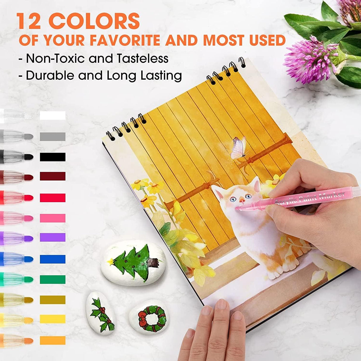 Acrylic Paint Pens Markers -12 Color Waterproof Paint Pens for Rock Painting,Graffiti WoodArtSupply