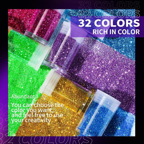 Glitter, Fine Glitter for Resin, Set of 32 Colors Glitter, Extra Fine Resin Glitter Powder, Craft Glitter for Epoxy Resin, Assorted Body Face Hair WoodArtSupply