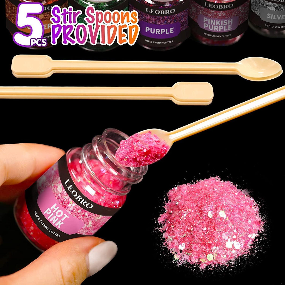 Holographic Chunky Glitter, 15 Colors Craft Glitter for Resin, with 5PCS Mixing Spoon, Cosmetic Glitter for Nail Body Eye Face, Resin Glitter Flakes WoodArtSupply