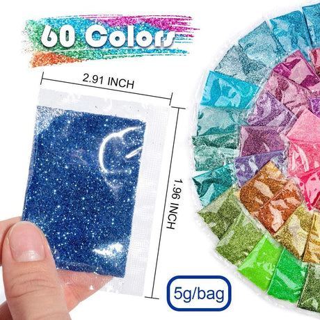 Fine Glitter, 300G 60 Colors Extra Fine Craft Resin Glitter Packs, for Tumblers Festival Decoration, Eyeshadow Makeup Nail Art Body Face Glitter, 5G WoodArtSupply