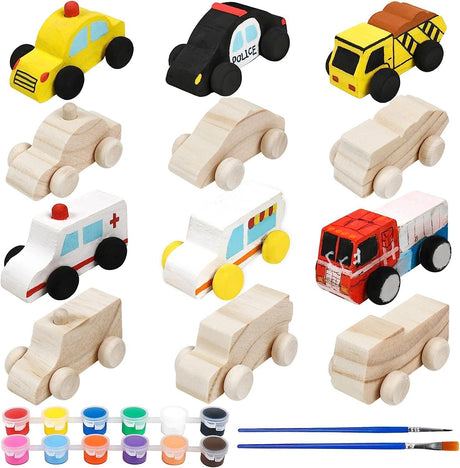 12 Pieces Unfinished Wooden Cars Wood DIY Car Toys Wood Crafts Painting Crafts Kit WoodArtSupply