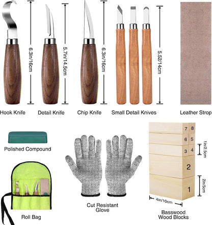 Wood Whittling Kit for Beginners Kids and Adults,Wood Carving Kit Set with 8PCS Basswood Carving Blocks,Wood Carving Tools Gift Include 6PCS Whittling Knife,Gloves,Roll Bag,Sharpener for Widdling Kit