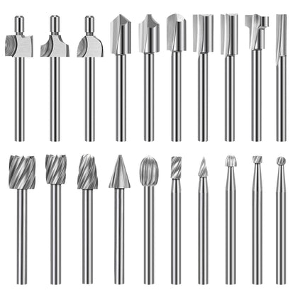 Wood Carving Bits Engraving Router Bit, 20Pcs HSS Different Rotary Burr Set with 1/8"(3Mm) Shank for Rotary Tools for DIY Woodworking, Carving, Drilling, Engraving, Trimming