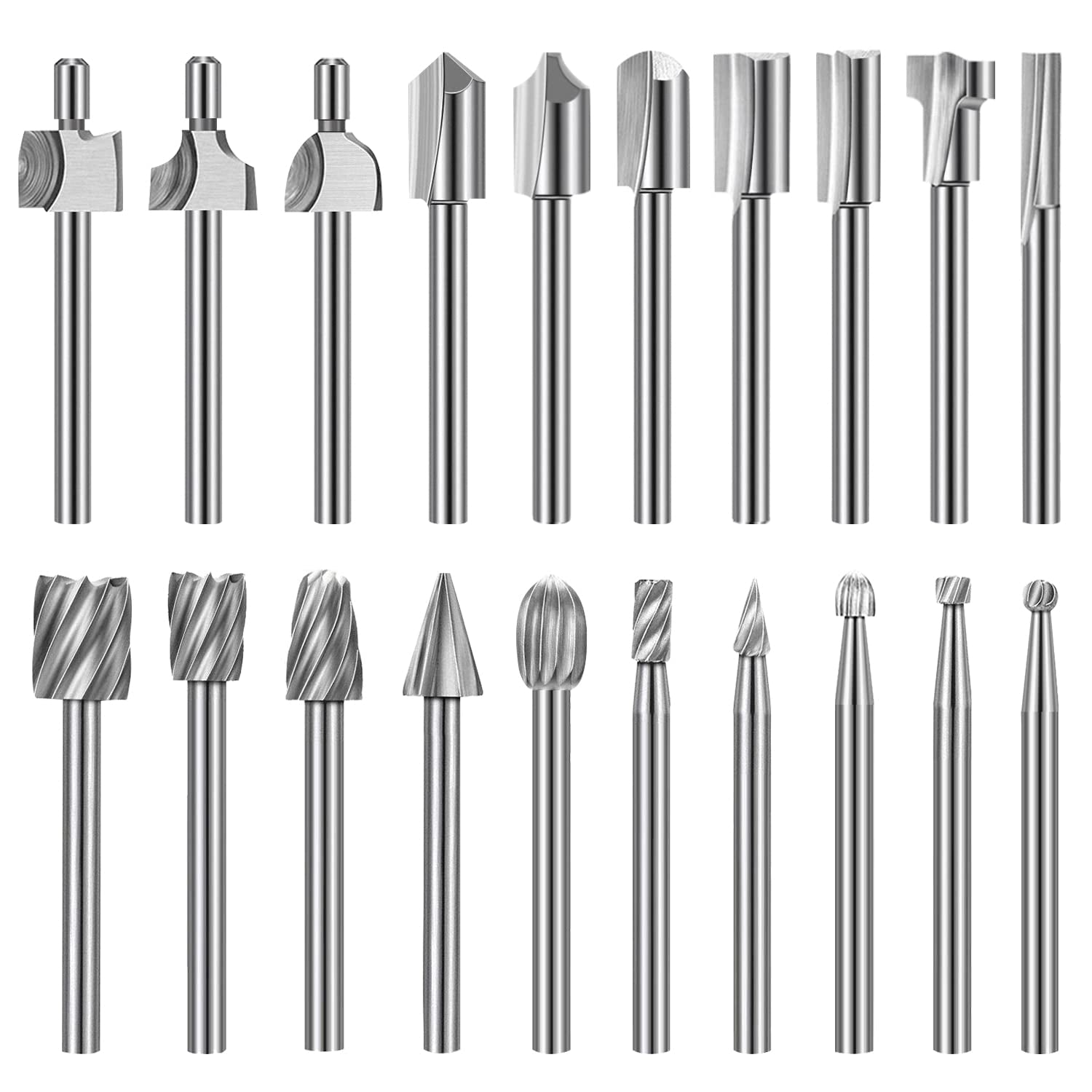 Wood Carving Bits Engraving Router Bit, 20Pcs HSS Different Rotary Burr Set with 1/8"(3Mm) Shank for Rotary Tools for DIY Woodworking, Carving, Drilling, Engraving, Trimming