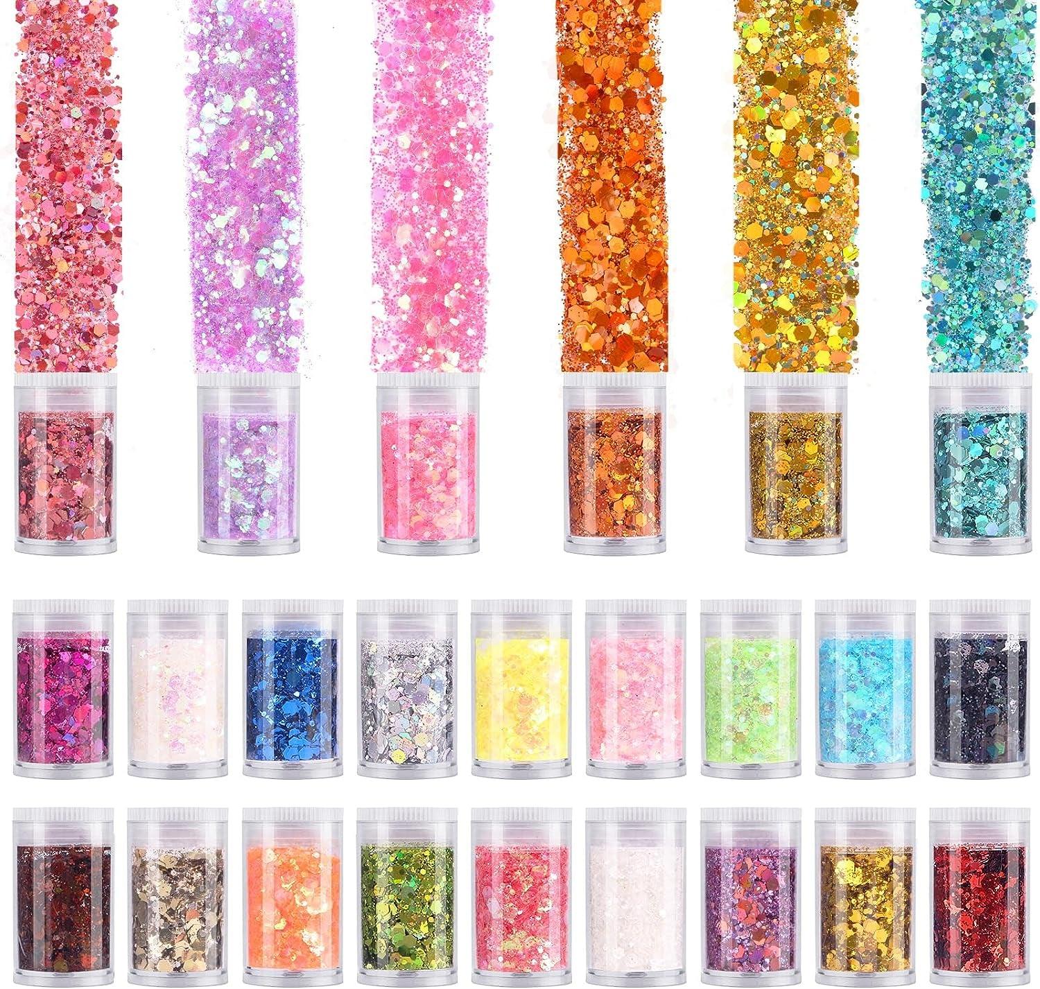 Pack of 24 Colors Chunky and Fine Glitter Mixed,,Nail Art Face Body Hair Iridescent Sequins Loose Glitter,Diy Epoxy Resin Craft Slime Tumbler Making WoodArtSupply