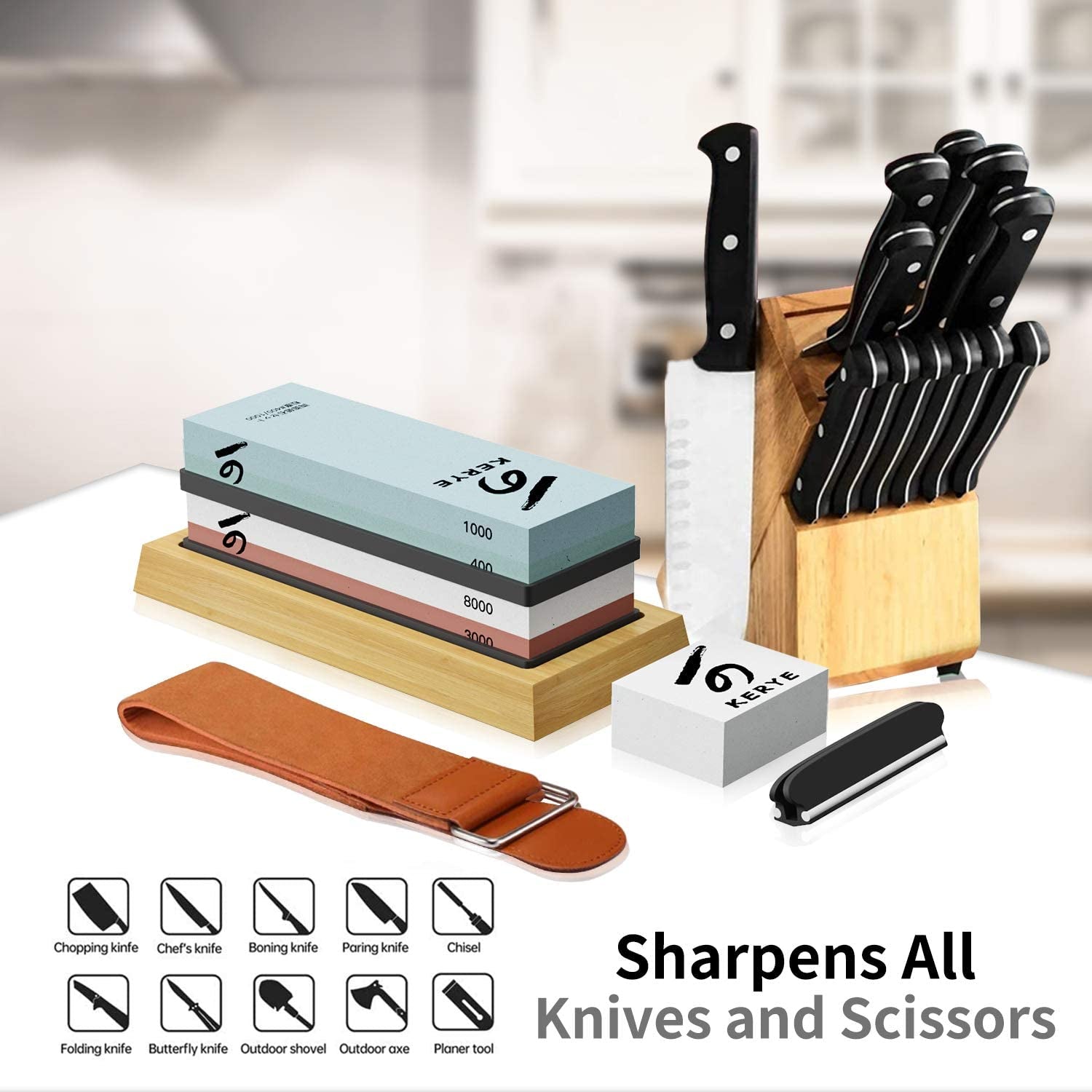Knife Sharpening Stone Kit,  Professional Japanese Whetstone Sharpener Stone Set, Premium 4 Side Grit 400/1000 3000/8000 Water Stone, Flattening Stone, Angle Guide, Leather Strop, anti Cut Gloves