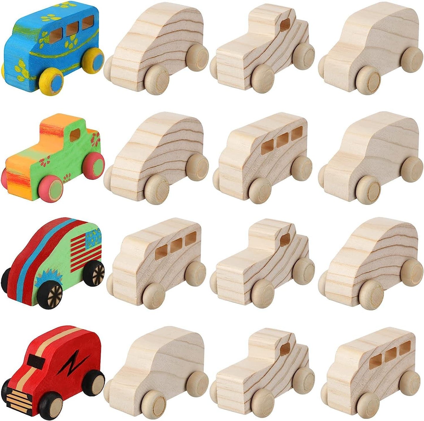 12 Pieces Wood DIY Car Toys Unfinished Wooden Cars Wooden Painting Blocks Crafts Kits - WoodArtSupply