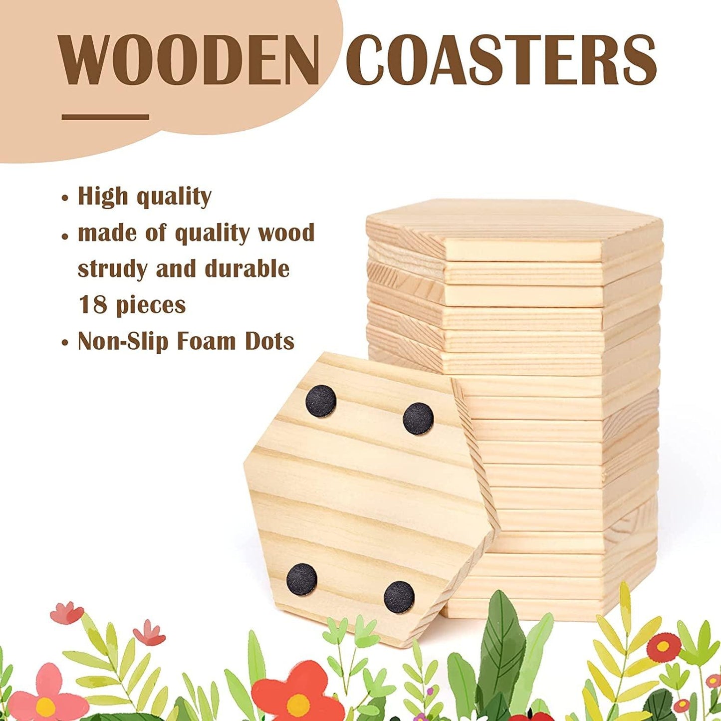 18 Pieces Unfinished Wood Coasters, 4 Inch Hexagon Blank Wooden Coasters Crafts with Non-Slip Silicon Dots - WoodArtSupply